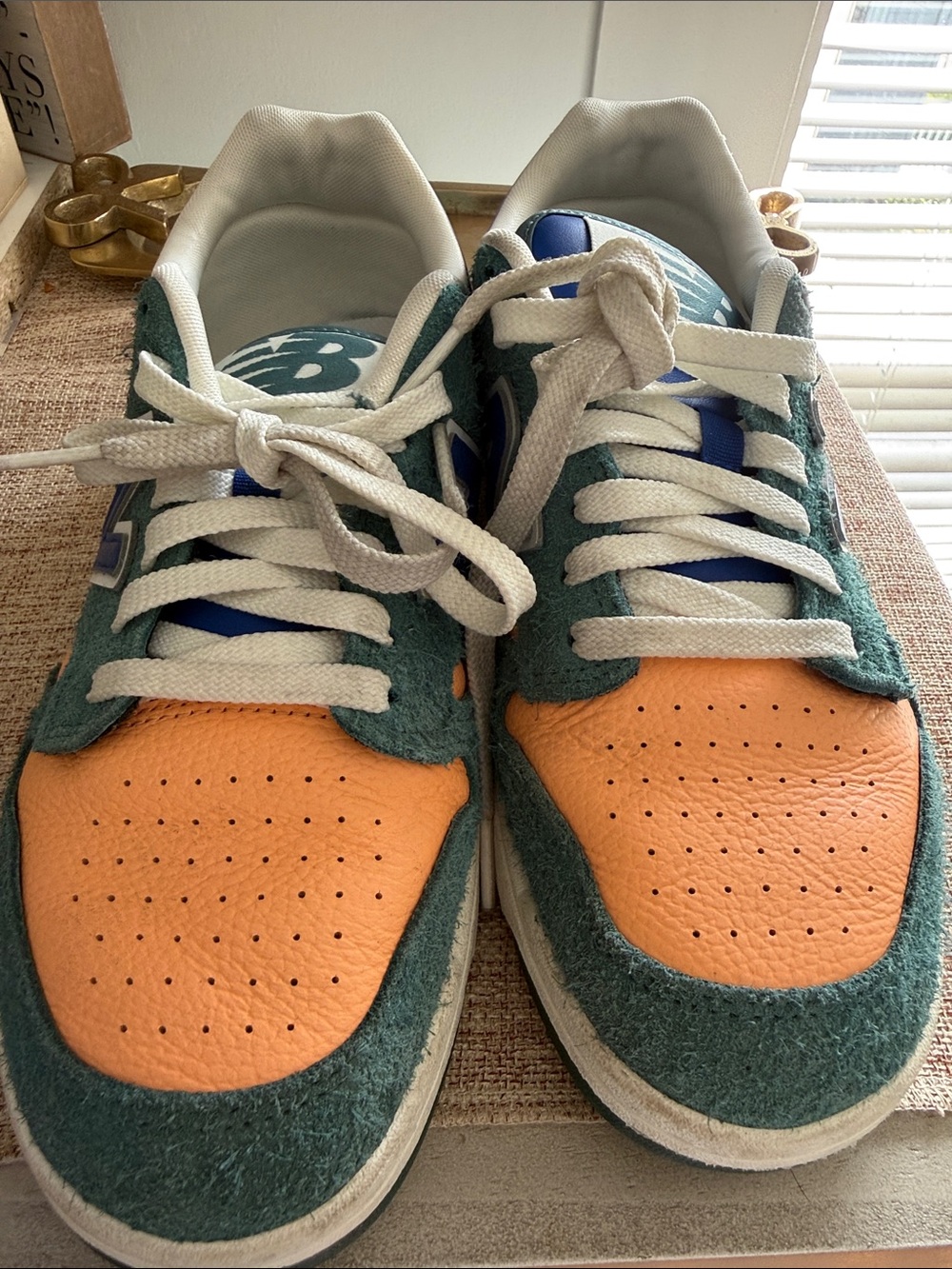 New Balance Green and Orange Suede Leather Sneakers - Picture 2 of 6